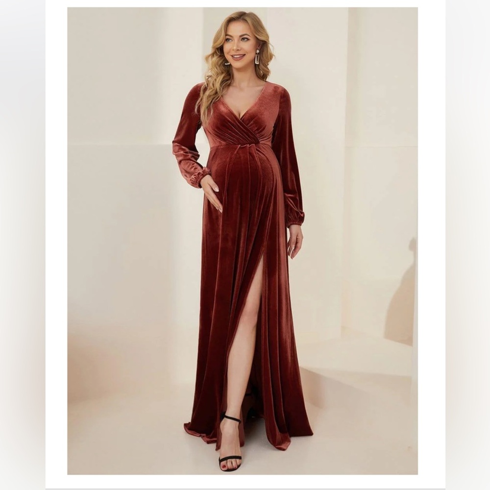 Bump Friendly - Elegant Rust Velvet Gown (Maternity)